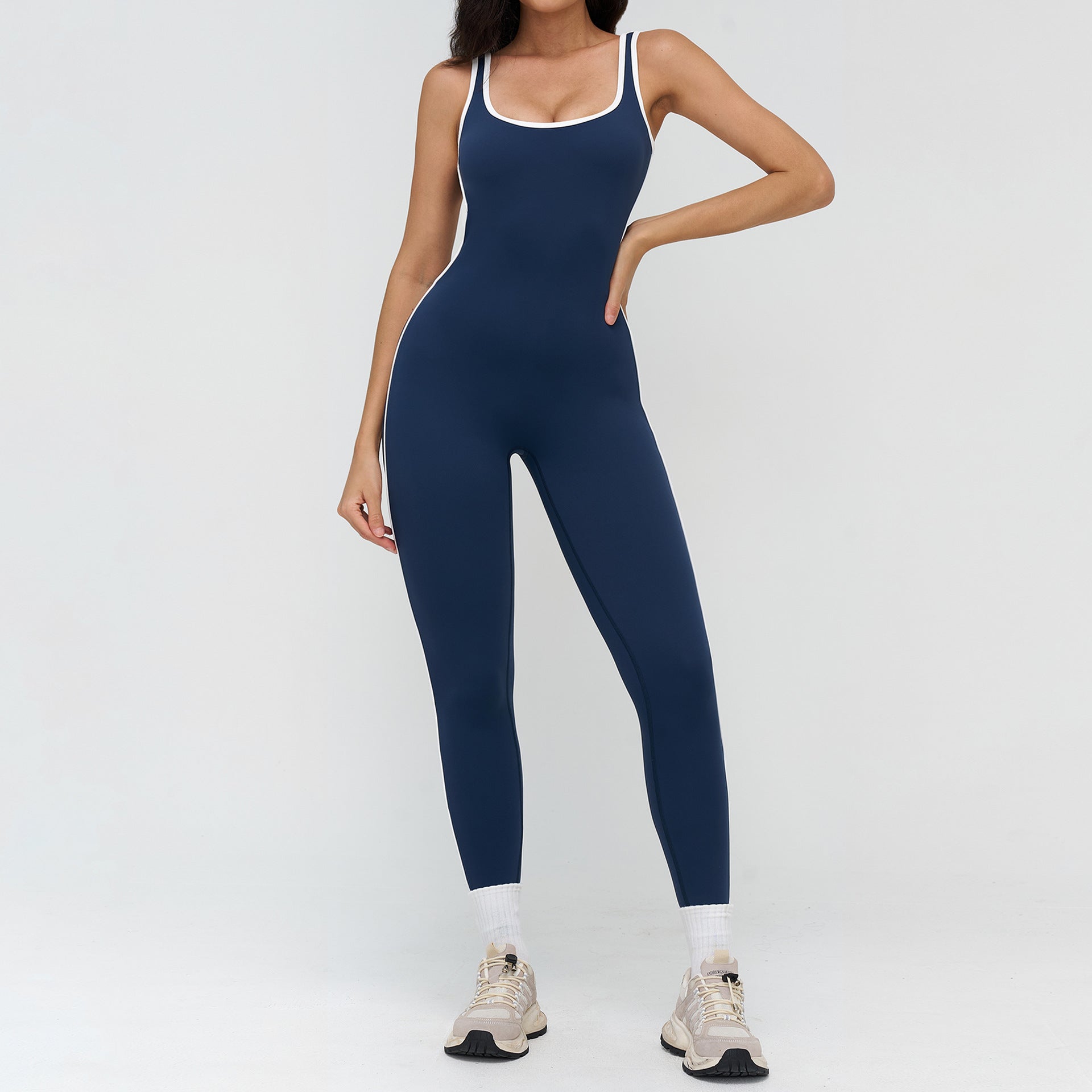 Nude-Feel Yoga Jumpsuit With Contrasting Trim And Generous Boat Neckline Fitness Wear