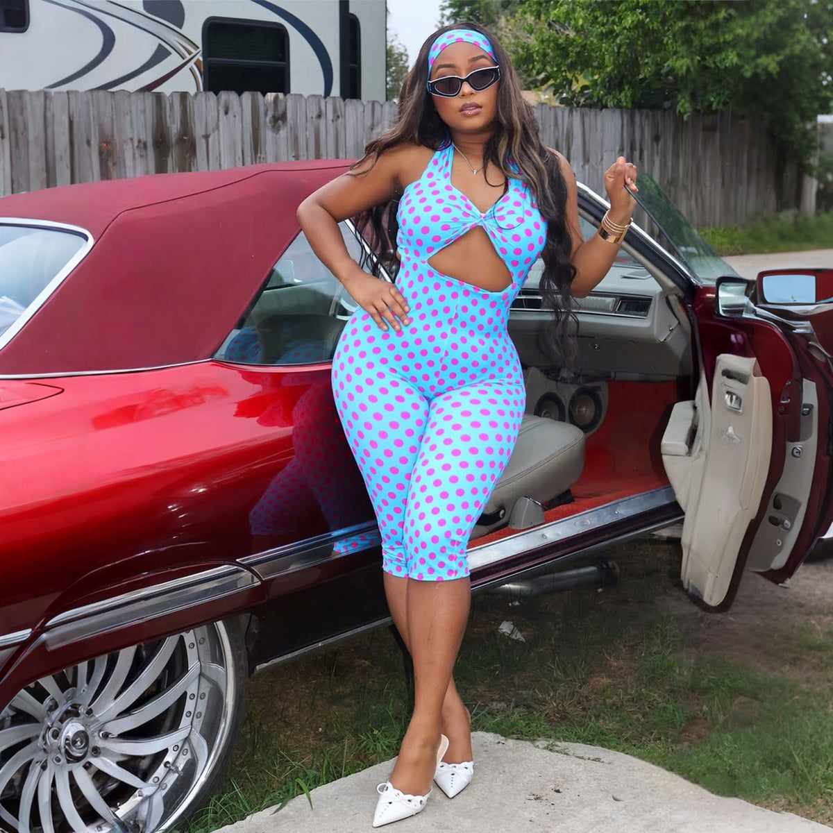 Polka-Dot Hollow-Out Capri Jumpsuit