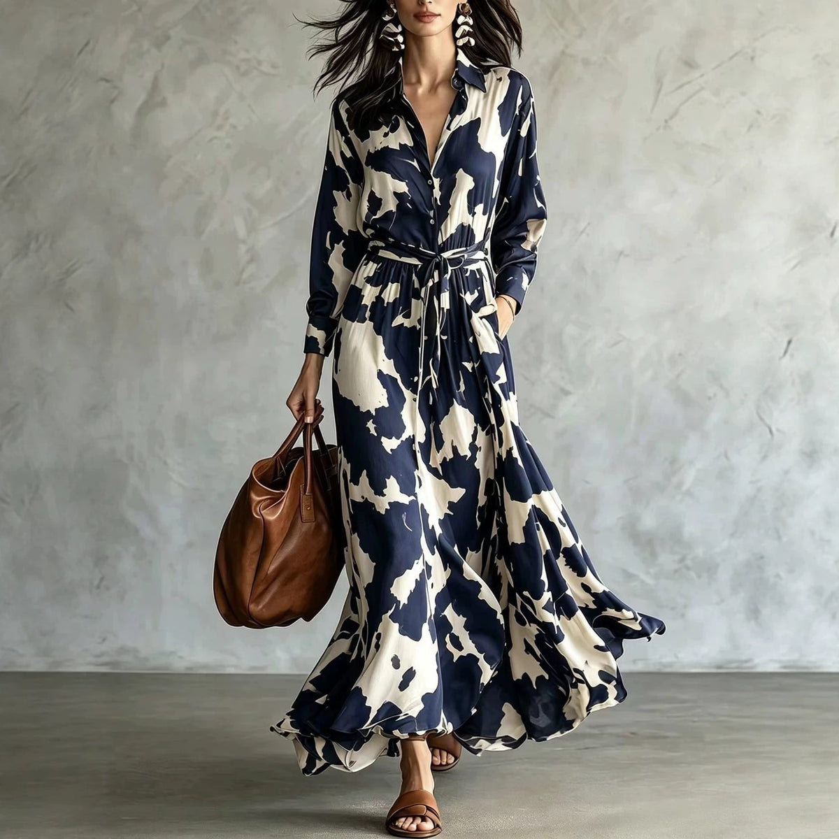 Chic Cow Print Long Sleeve Maxi Dress with Cinch Waist