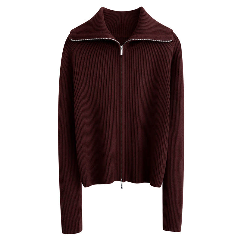 Wool Lapel Knitted Cardigan Relaxed-fit Jacket with Double Zippers