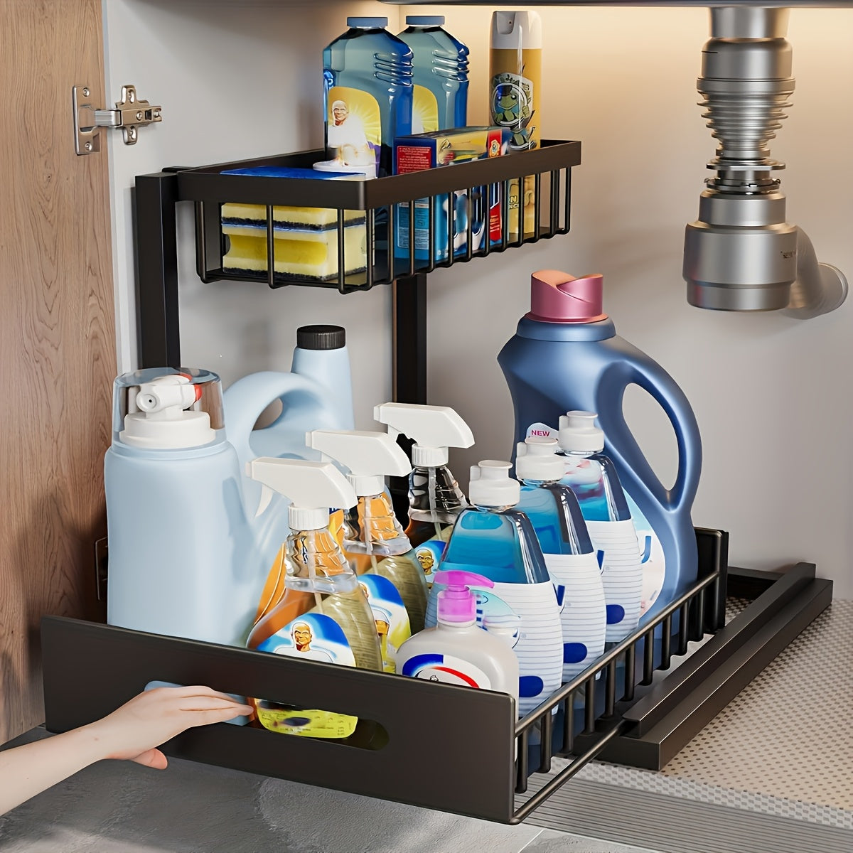 Two-Level Organizers for Under The Sink, Featuring a Sliding Pull-Out Shelf Made of Metal, Ideal for Organizing Kitchen, Bathroom, Pantry, Or Closet Spaces , Under Sink Bathroom Cabinet, Under...