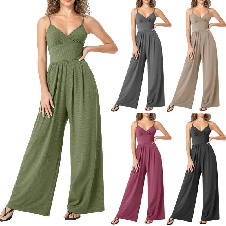 Casual Solid Color Straight Strap Jumpsuit
