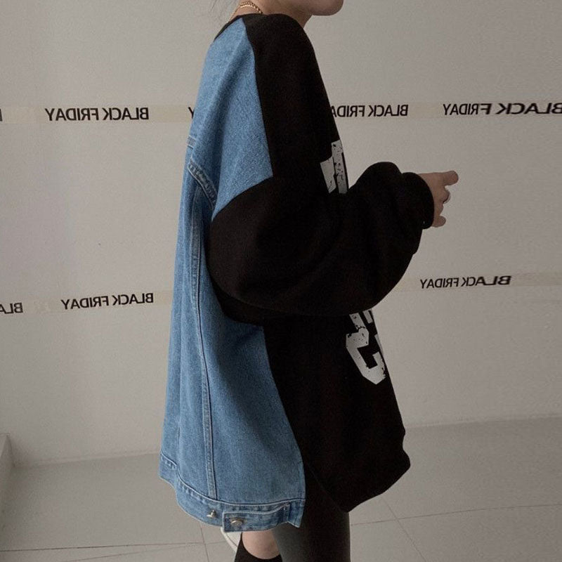 Casual Denim Spliced Long-Sleeve Women's Sweater