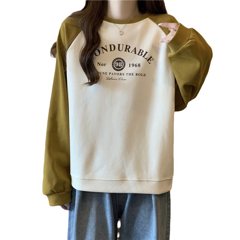 Cozy Contrast Color Raglan Hooded Sweatshirt