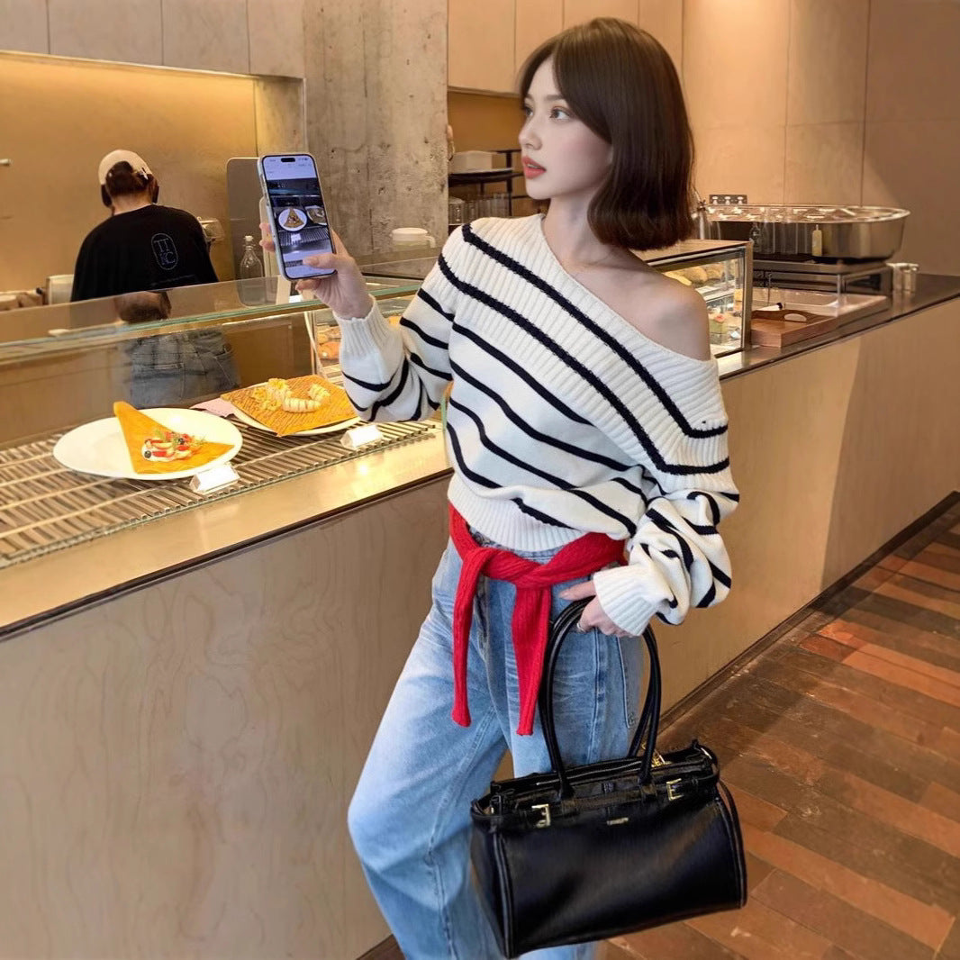 Short, Striped Off-the-shoulder Pullover Sweater