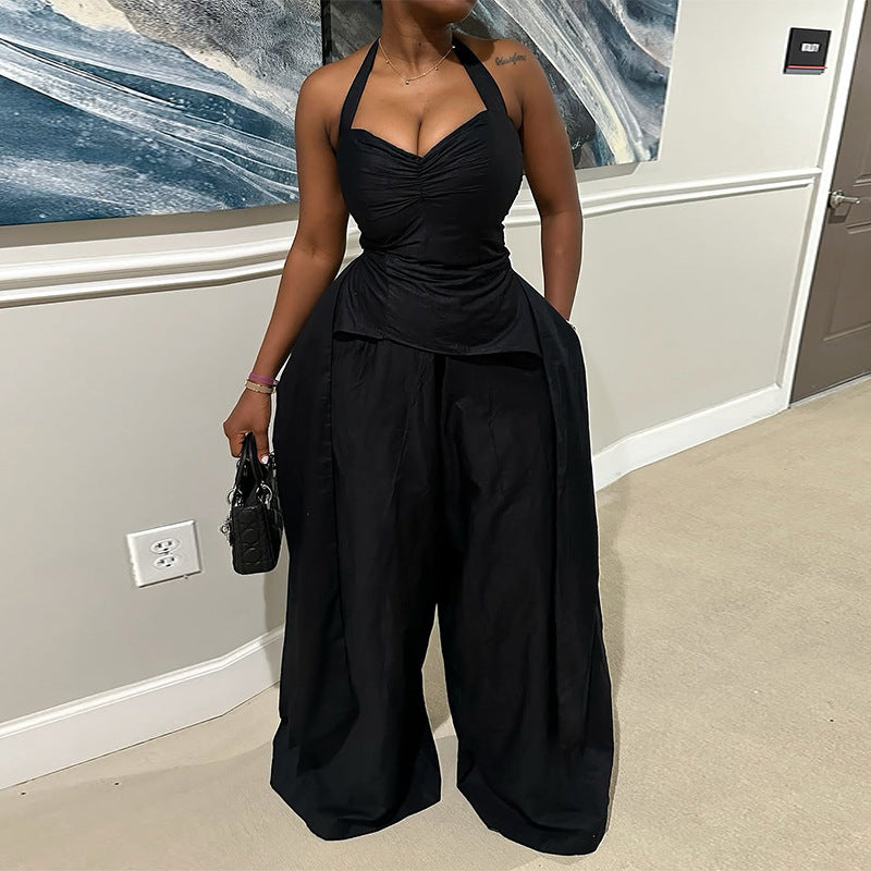 Halter V-Neck High Waist Wide Leg Jumpsuit