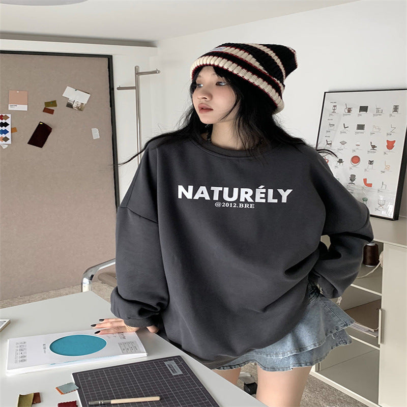 Cozy Fleece-Lined Letter Print Loose Long Sleeve Sweater