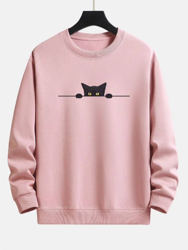 Cute Cat Print Round Neck Casual Pullover Sweater