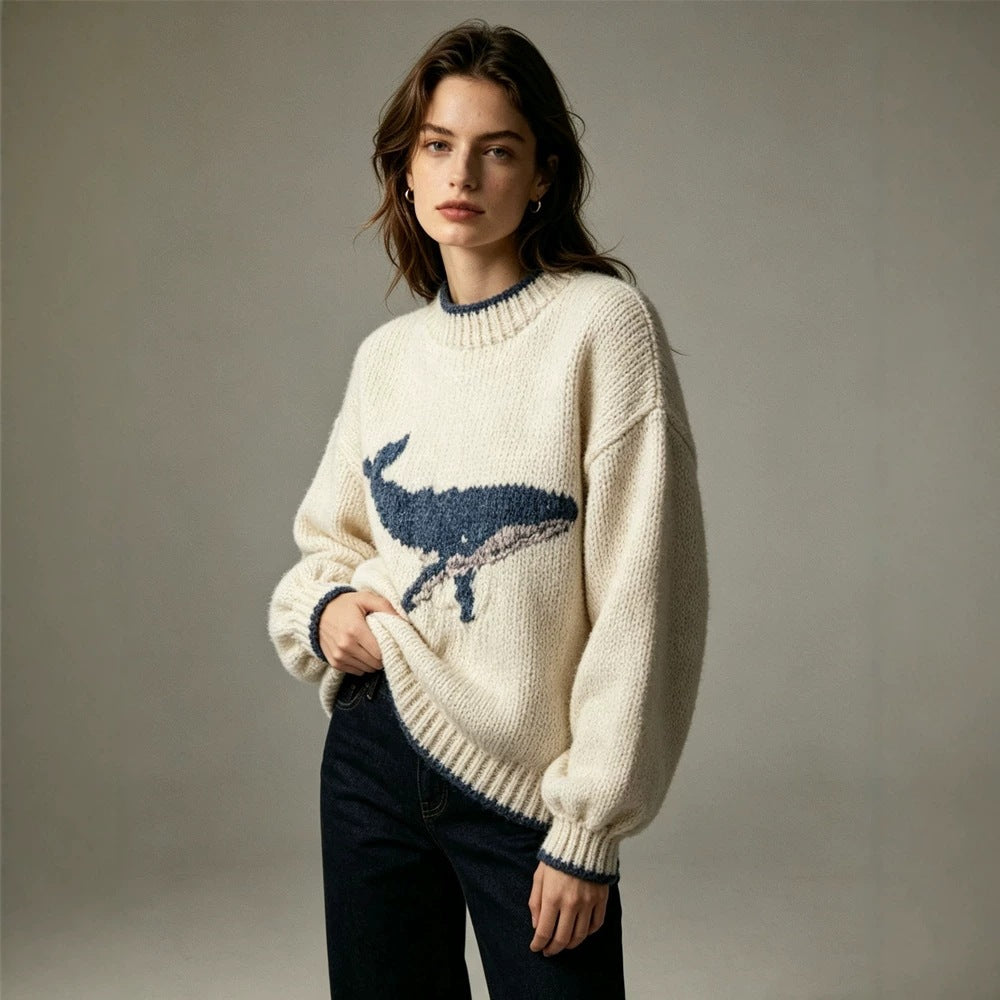 Vintage Whale Jacquard Sweater for Women