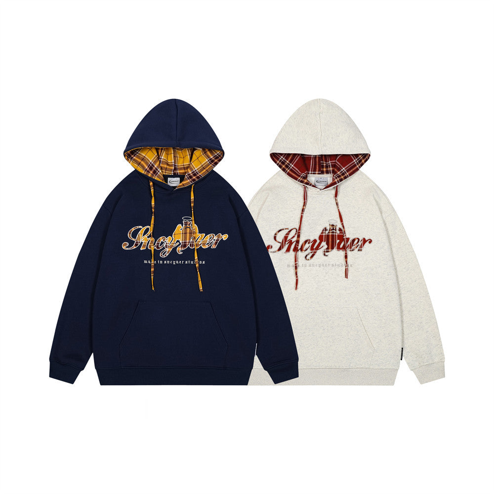 Plaid Applique Letter Hooded Sweatshirt