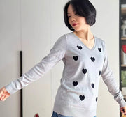Womens Modal V-neck Long-sleeve Heart-shape Jacquard Pullover Knit Top