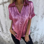 Women's Solid Color Casual Loose Bronzing Short-sleeved Lapel Shirt