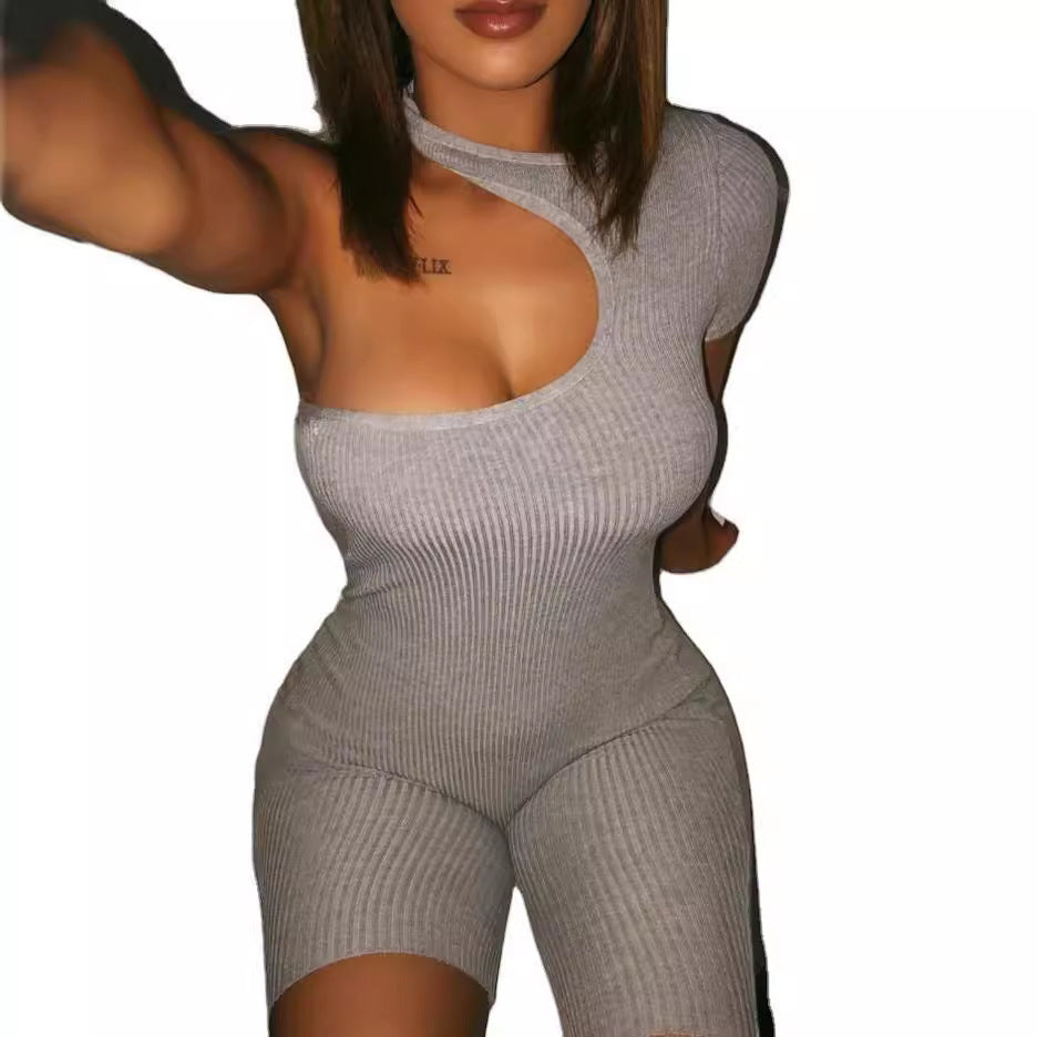 High-Stretch One-Shoulder Short Jumpsuit