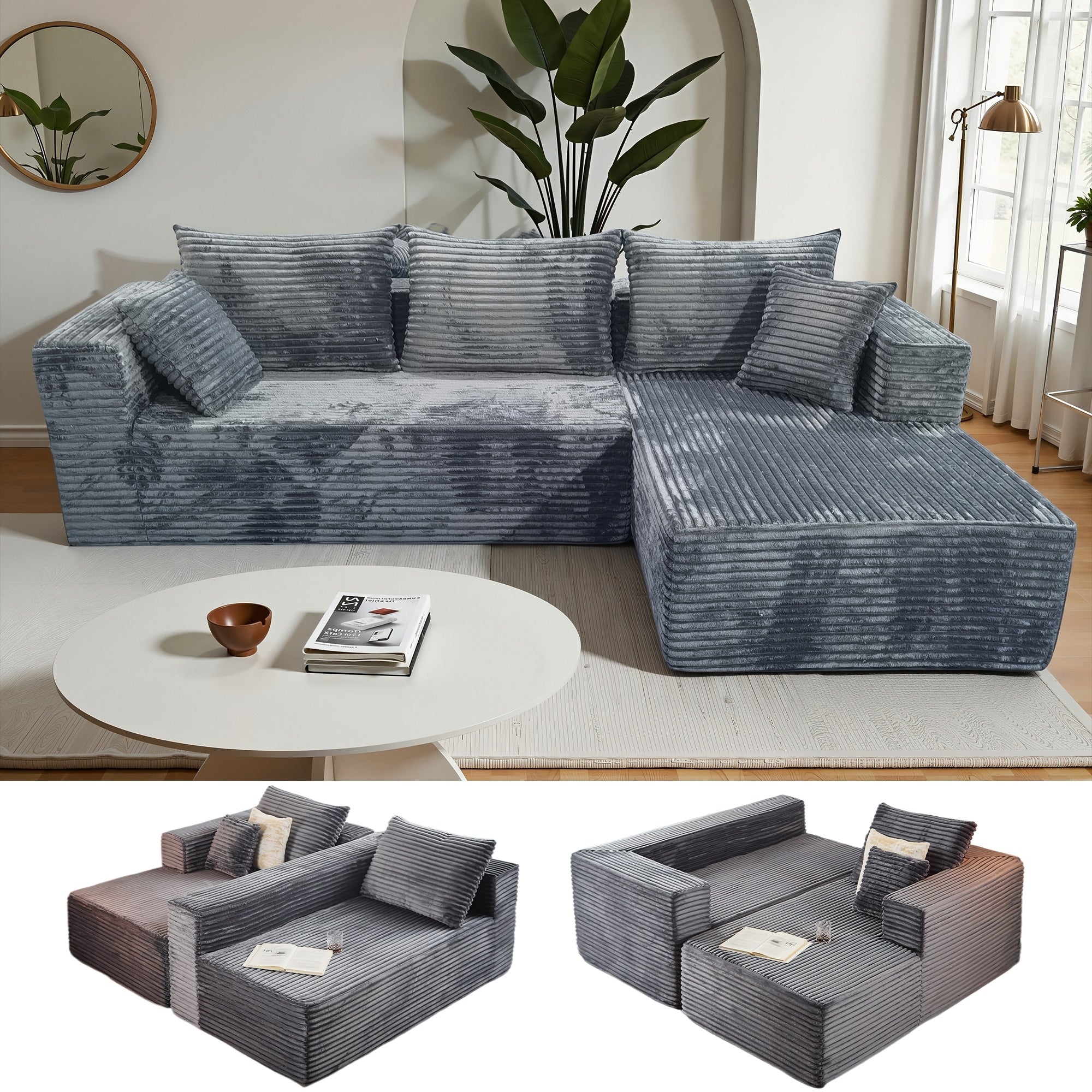 Modular L-shaped chaise longue sofa bed with deep seat and corduroy upholstery