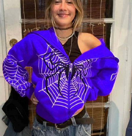 Spider Web Print Zip-Up Hoodie Streetwear Pullover