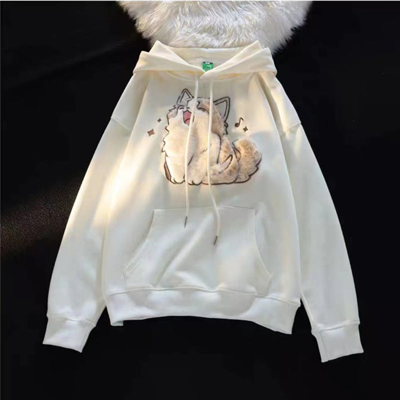 Cute Embroidered Kitten Fleece-Lined Hooded Sweatshirt