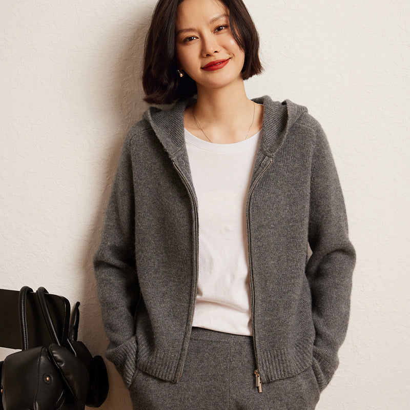 Women's Cashmere Hooded Zip Cardigan Sweater