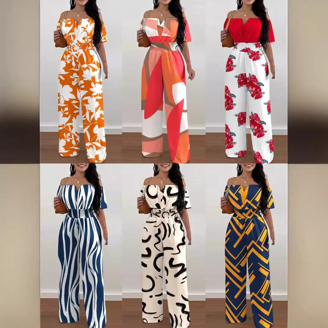 Women's Printed Off-Shoulder Fitted Waist Romper