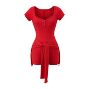 Chic Peach Collar Tied Waist Jumpsuit Romper