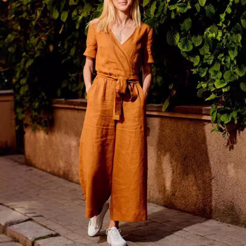 Color-Block Casual Loose-Fit Wide-Leg Jumpsuit