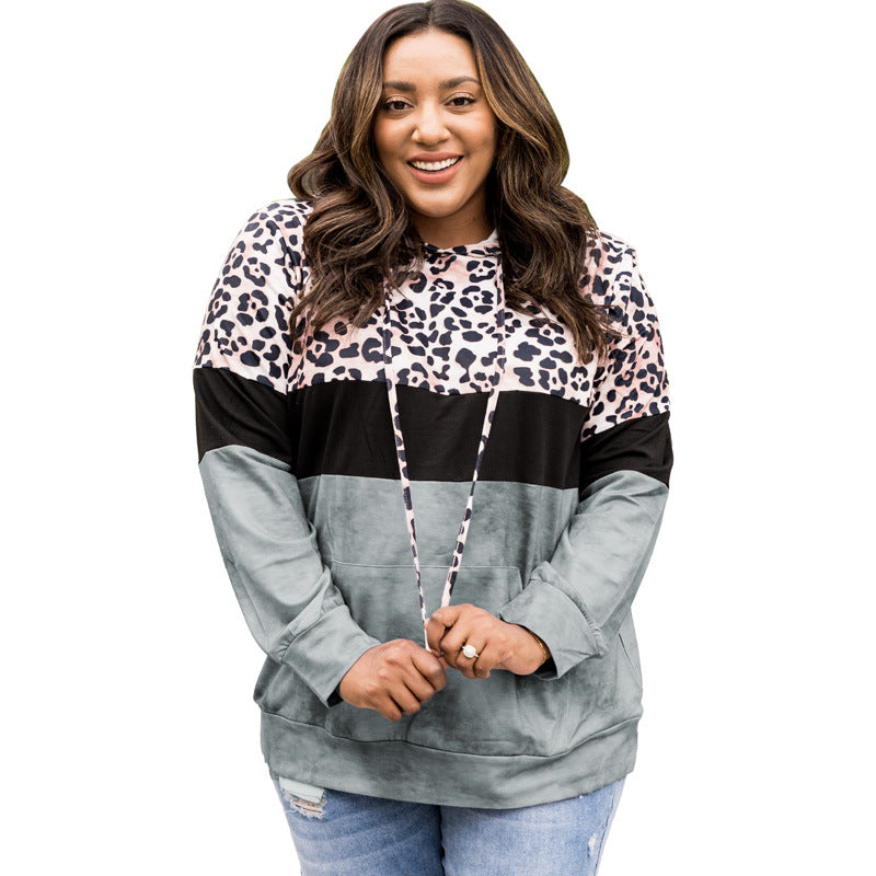 Plus Size Leopard Contrast Pullover Hoodie