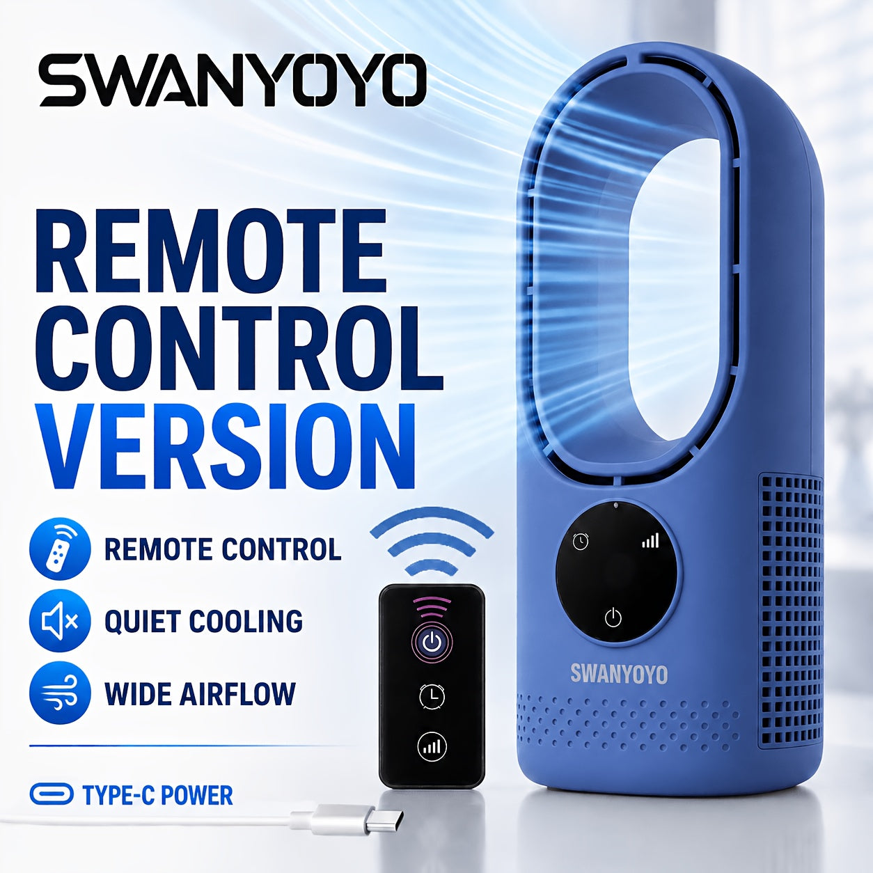 USB Tower Fan with Bladeless Design, Remote Control, and Water Mist Cooling