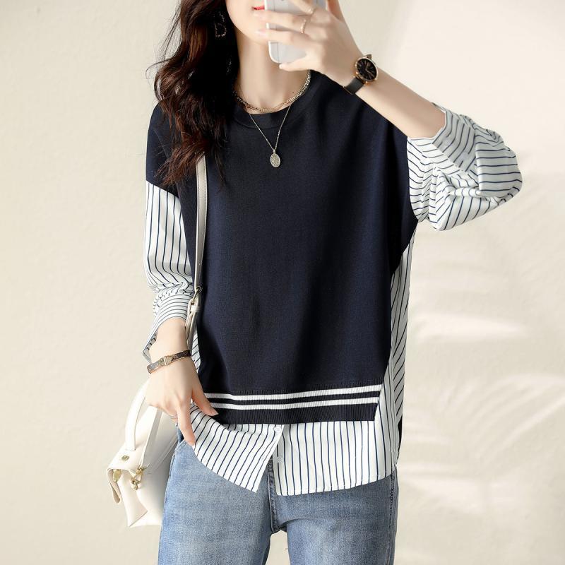 Graceful Striped False Two-Piece Women's Patchwork Sweater