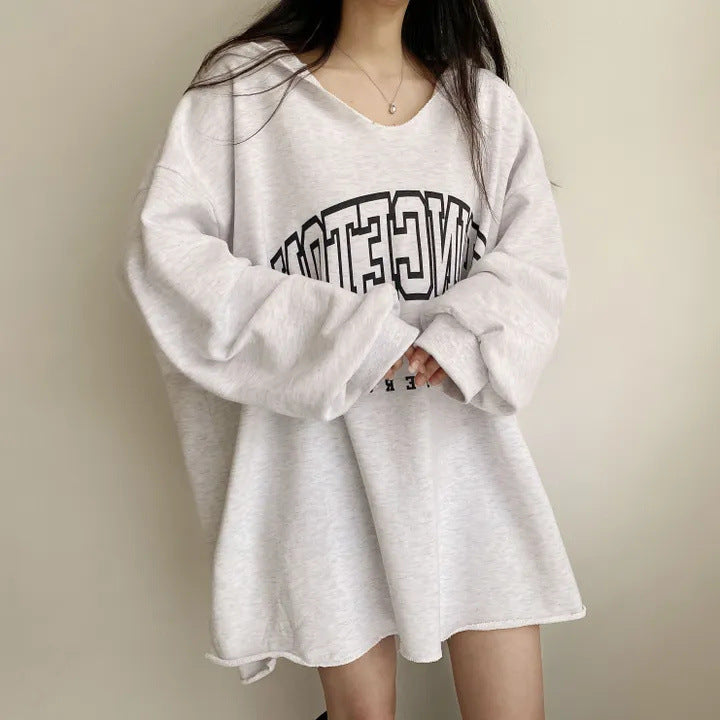 Korean Style Letter Print Loose Hooded Casual Sweater