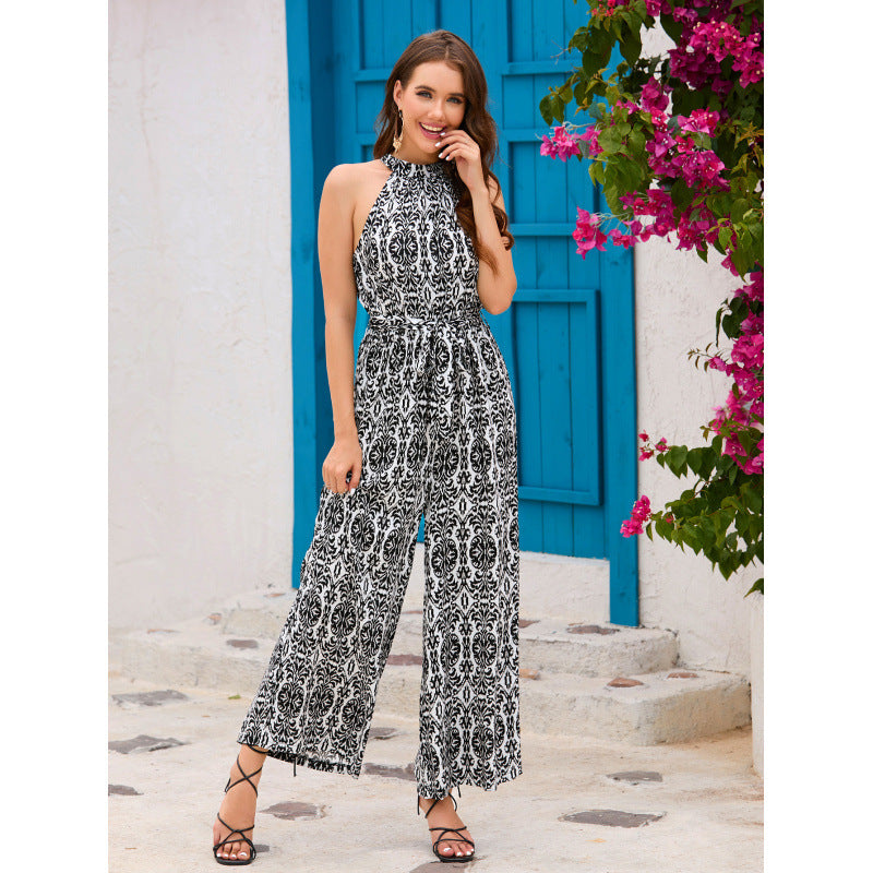 Bohemian Resort-Style Halterneck Defined-Waist Jumpsuit
