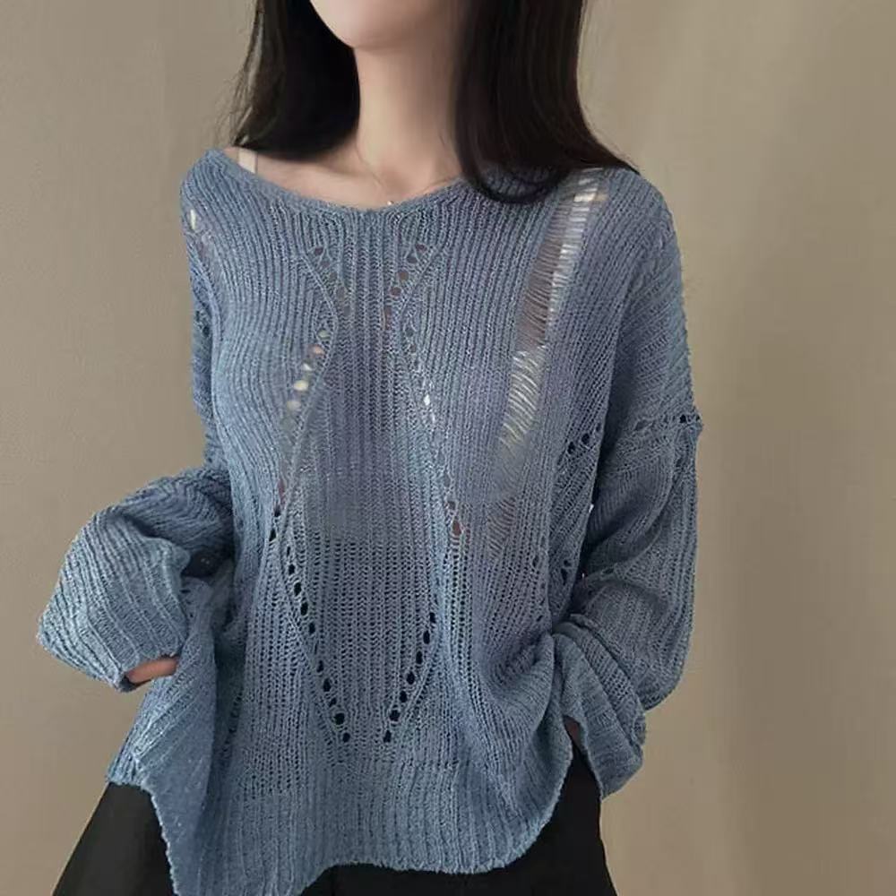 Hollow-out Ice Silk Thin Long Sleeve Mid-length V-neck Sweater
