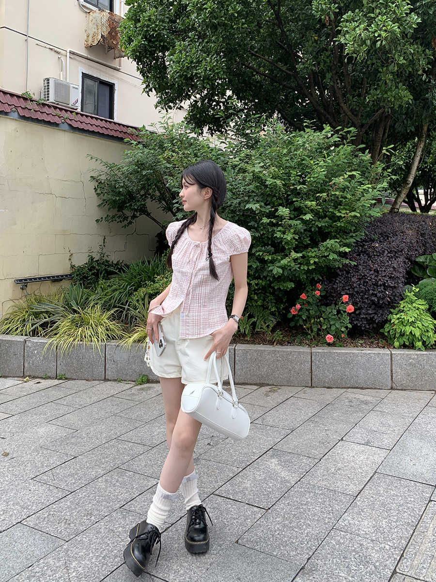 Lace-up Bow Puff Sleeve Retro Plaid Shirt