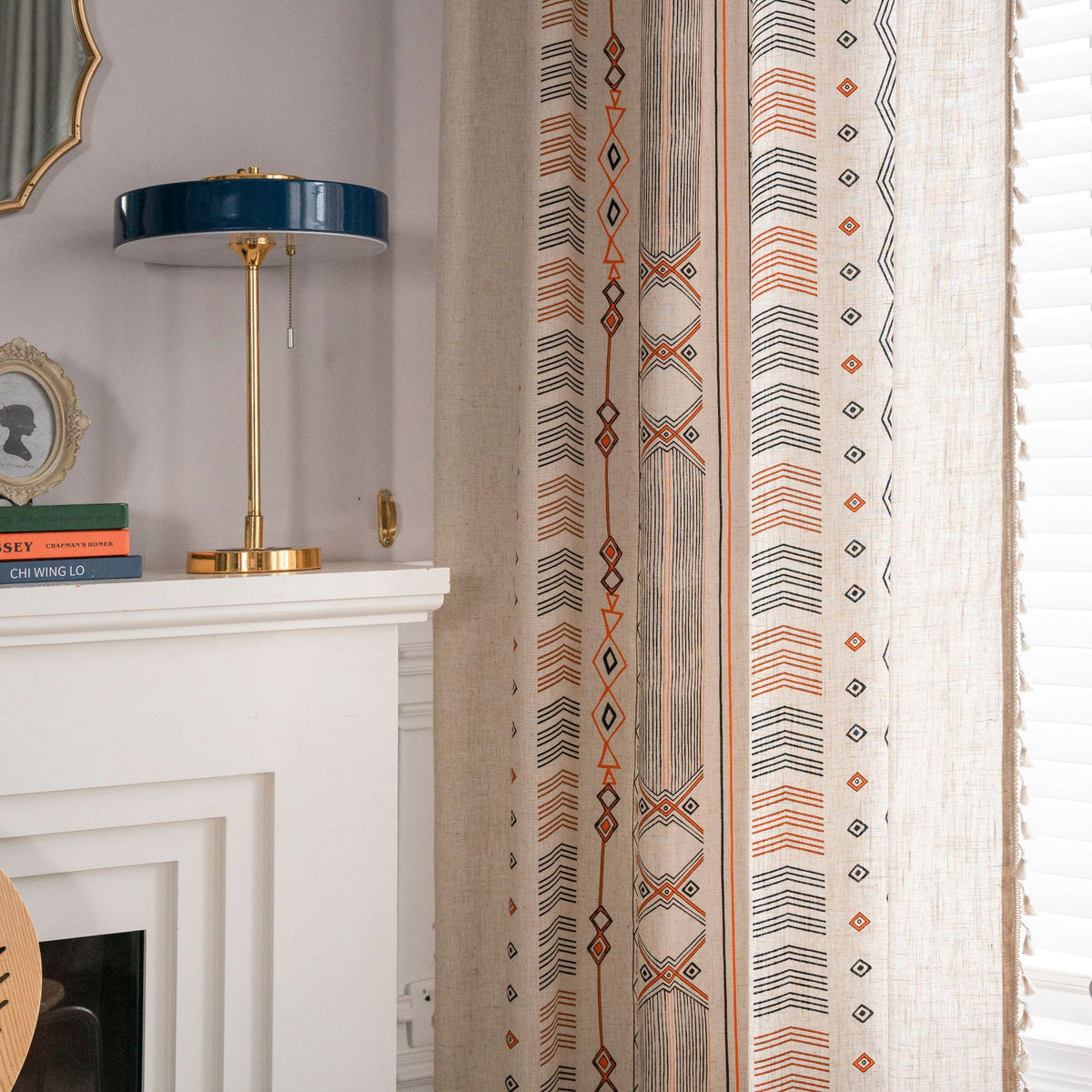 Boho Cream Cotton and Linen Print Sun Shade Non-punched Curtain Fabric