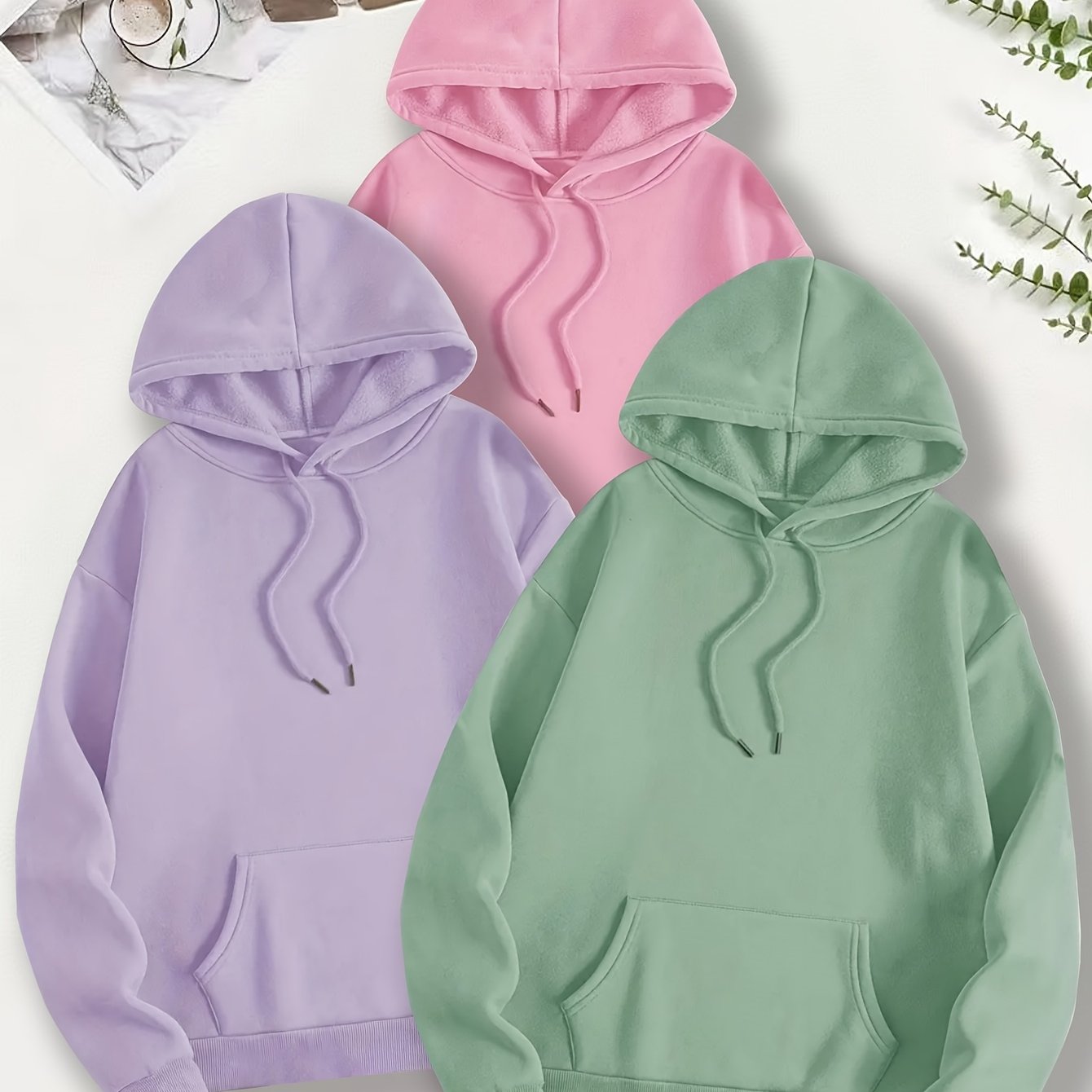 Three-Piece Oversized Solid Color Hooded Sweatshirt Set with Long Sleeves