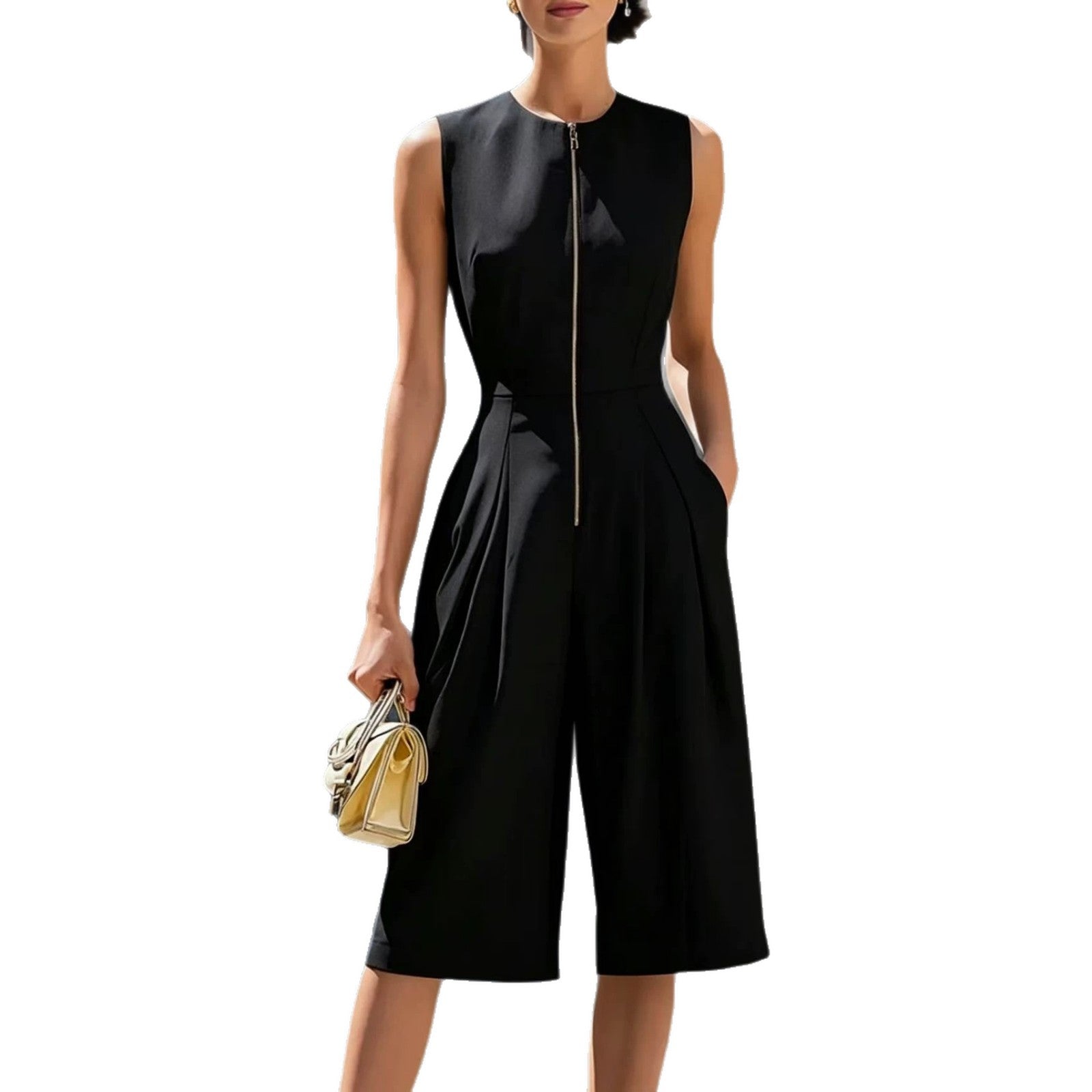 Solid-color Zip-front Crew-neck Sleeveless Wide-leg Jumpsuit