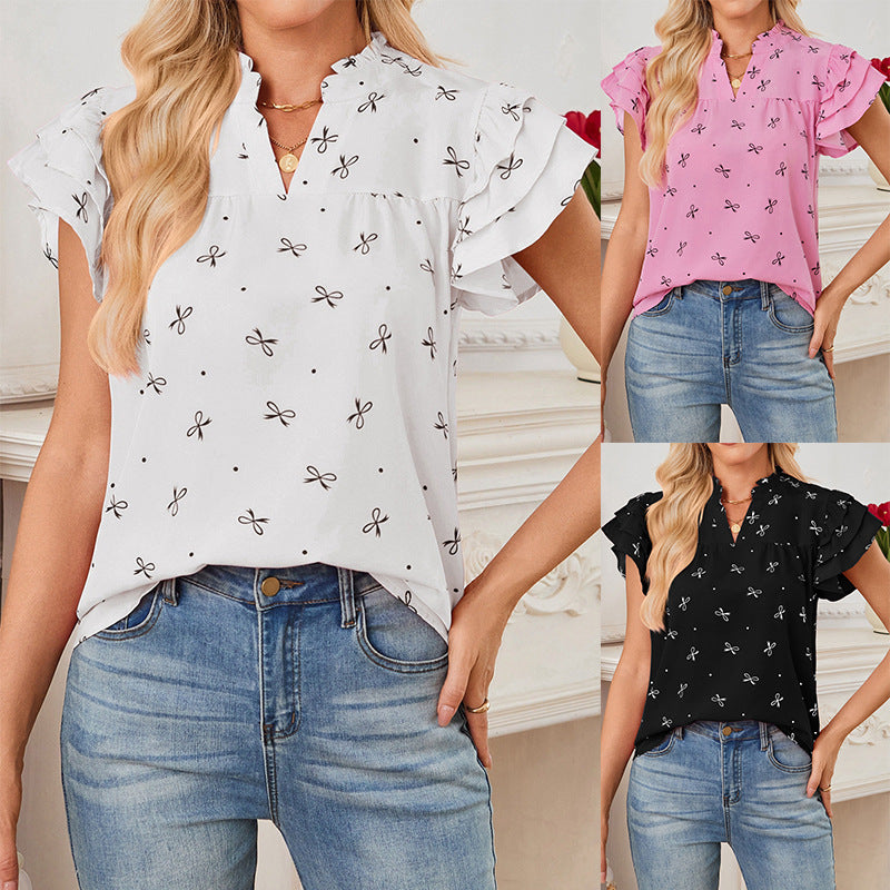 V-neck Sweet Chiffon Top With Tiered Ruffle Sleeves