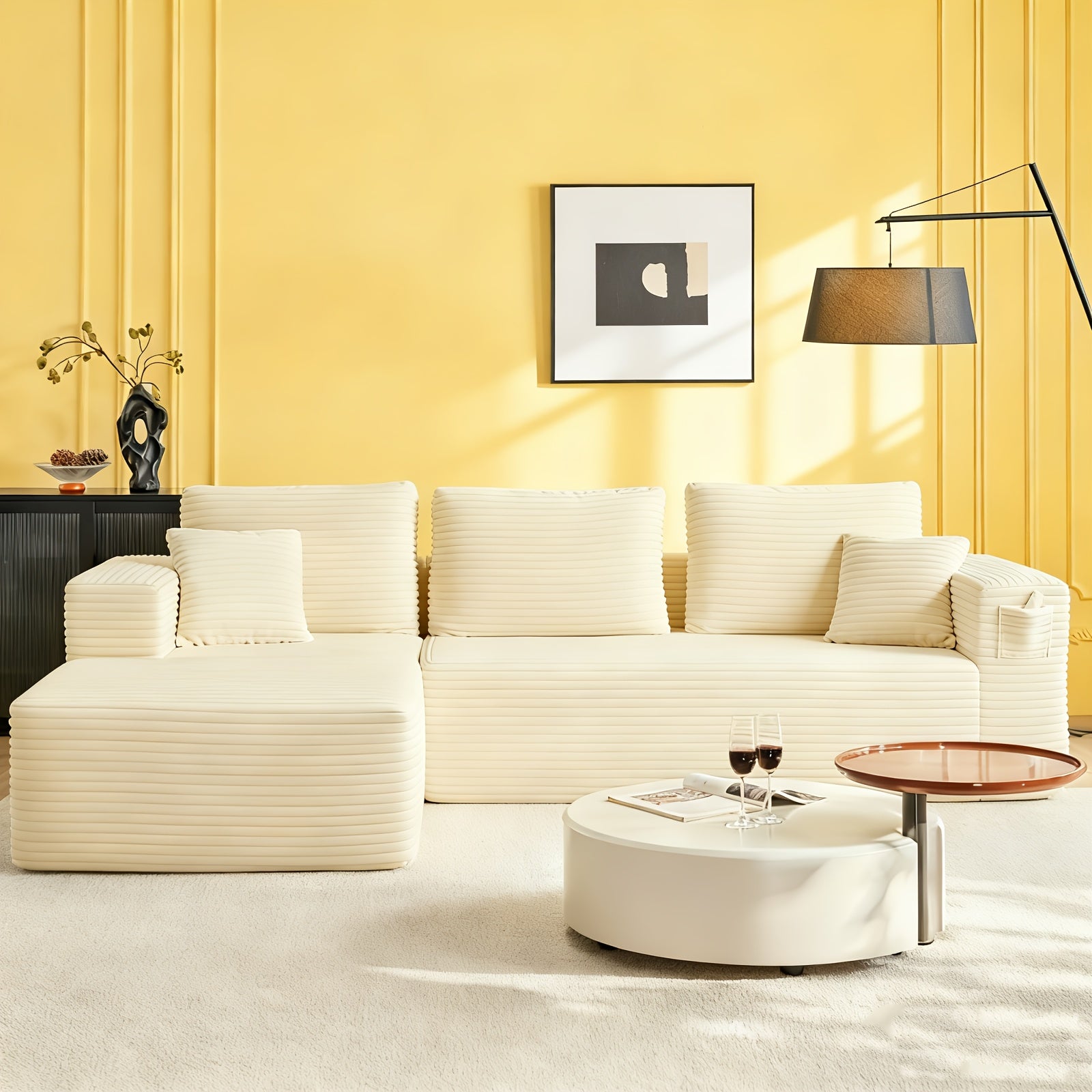 Modular L-shaped chaise longue sofa bed with deep seat and corduroy upholstery