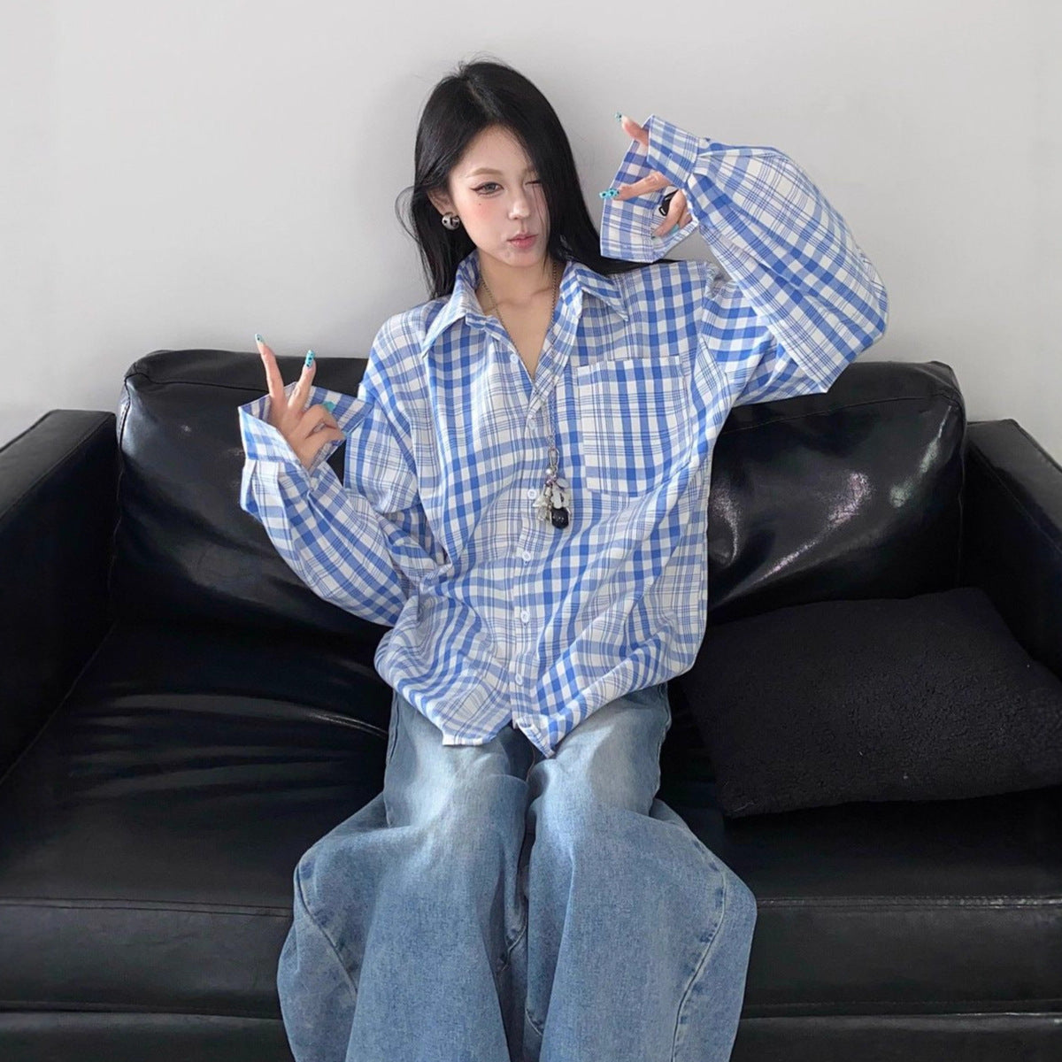 Women's Retro Color-block Loose Long Sleeve Shirt