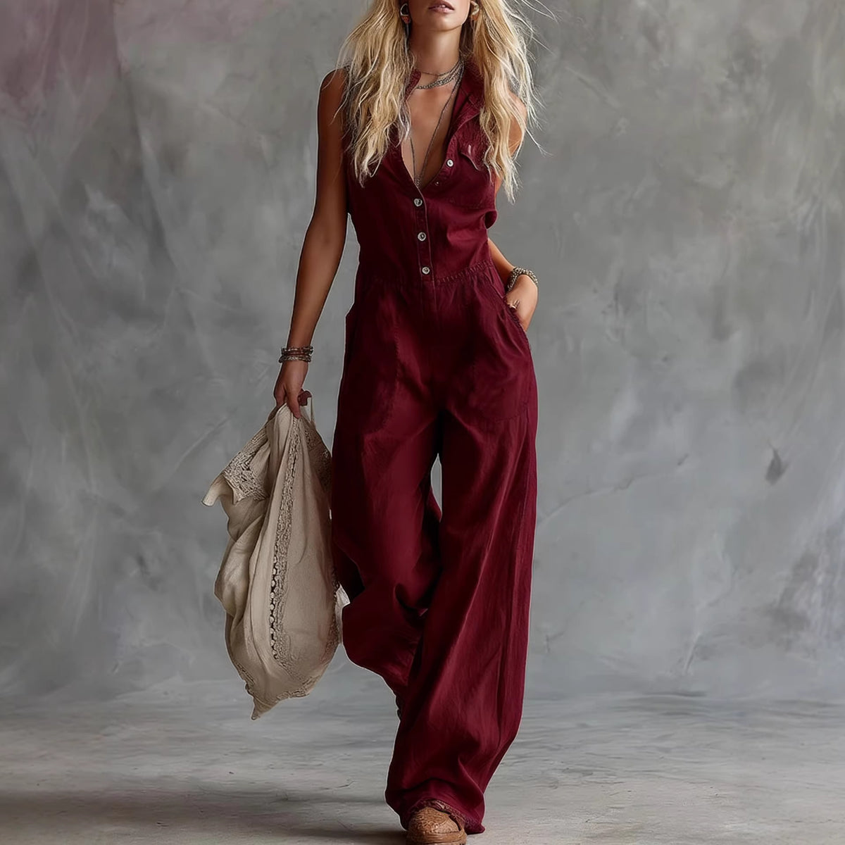 Chic V-Neck Sleeveless Button-Front Casual Jumpsuit
