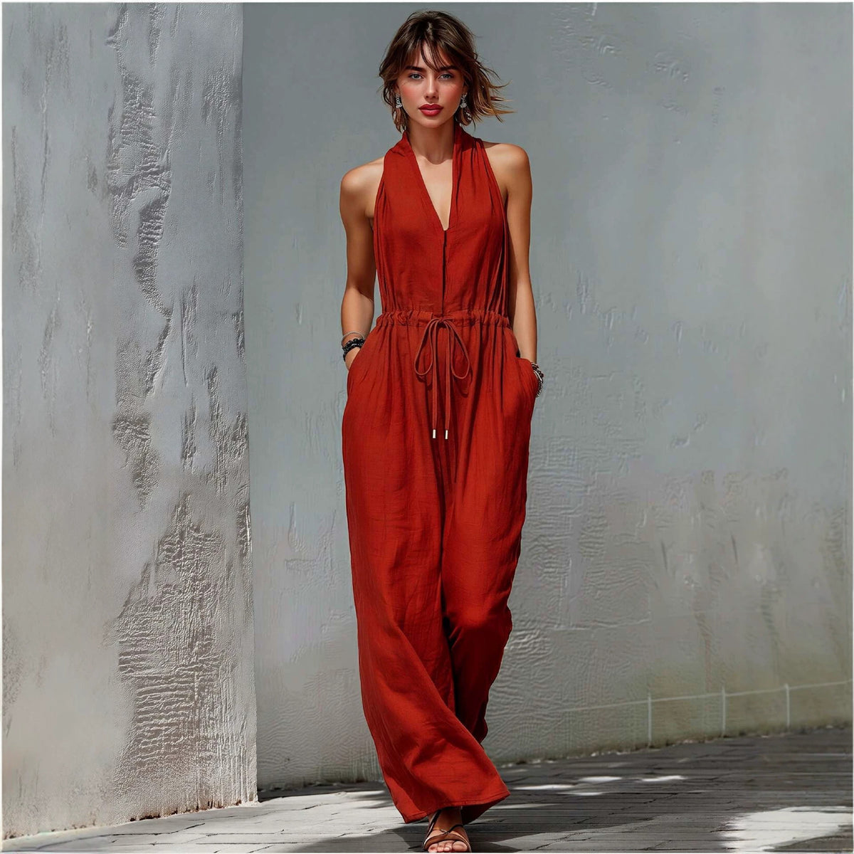 Chic Halter Neck Sleeveless Long Holiday Jumpsuit