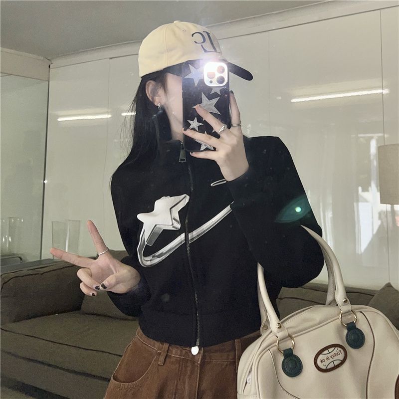 Retro Star Graphic Loose Fit Crop Sweater Jacket
