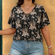 Plus-Size V-Neck Lace-Up Ruffle Sleeve Chiffon Blouse