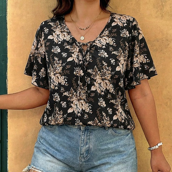 Plus-Size V-Neck Lace-Up Ruffle Sleeve Chiffon Blouse