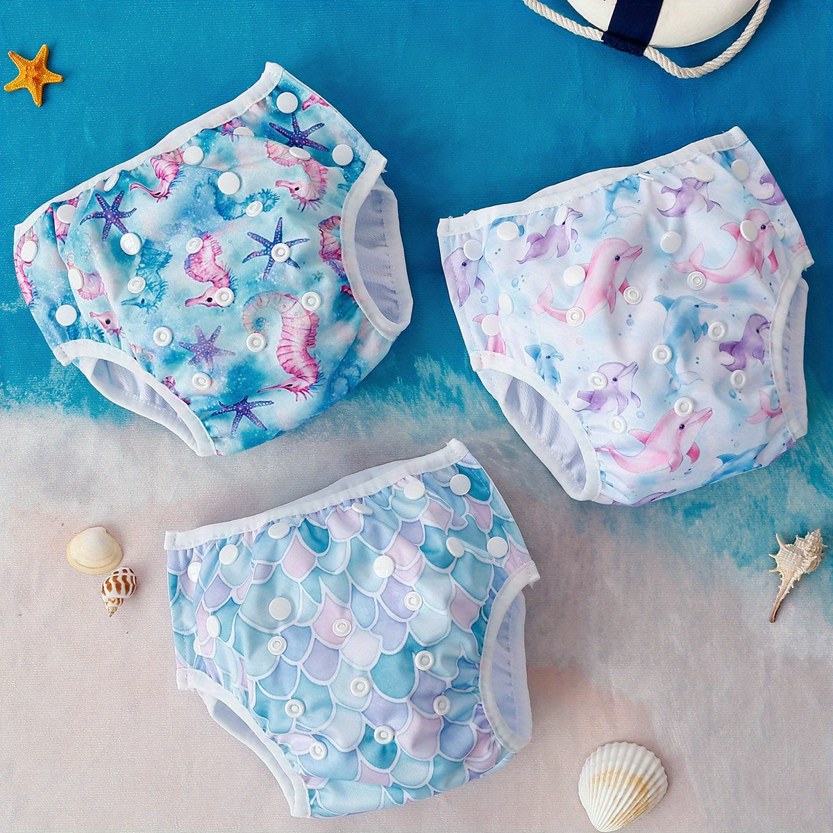 3-Piece Whimsical Swim Diaper Set with Starfish, Fish, and Bubble Patterns