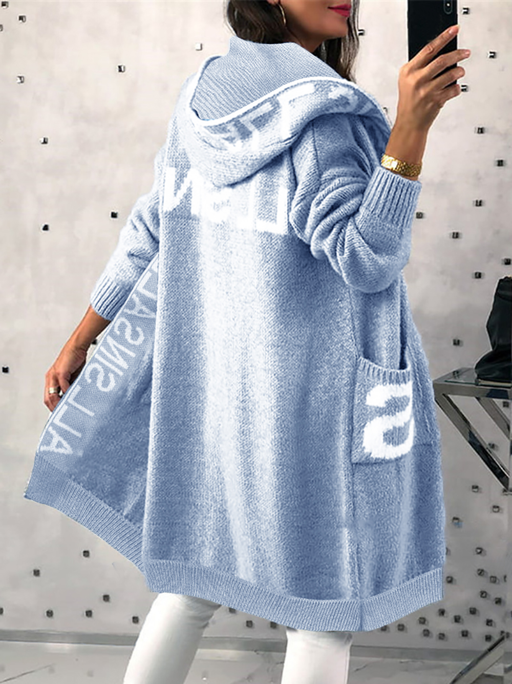 Women Hooded Letter Print Long Knit Cardigan Open Front Oversized Lantern Sleeve Pocket Sweater Coat