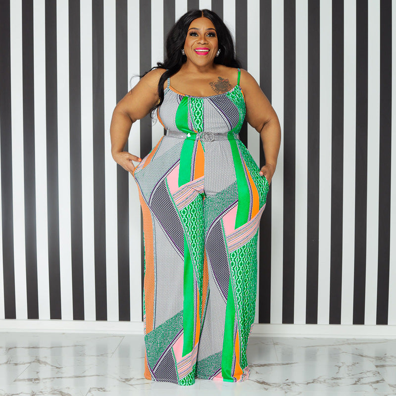 Plus Size Abstract Print Maxi Slip Overalls with Pockets