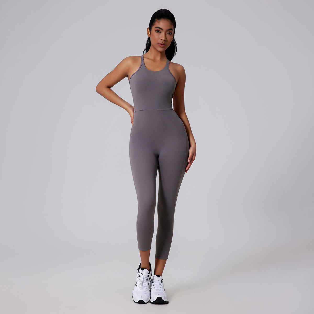 Female Bare Haired V-Back Yoga Jumpsuit With Beautiful Back