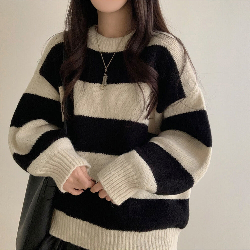 Loose Pullover Simple Knitwear Striped Thick Sweater