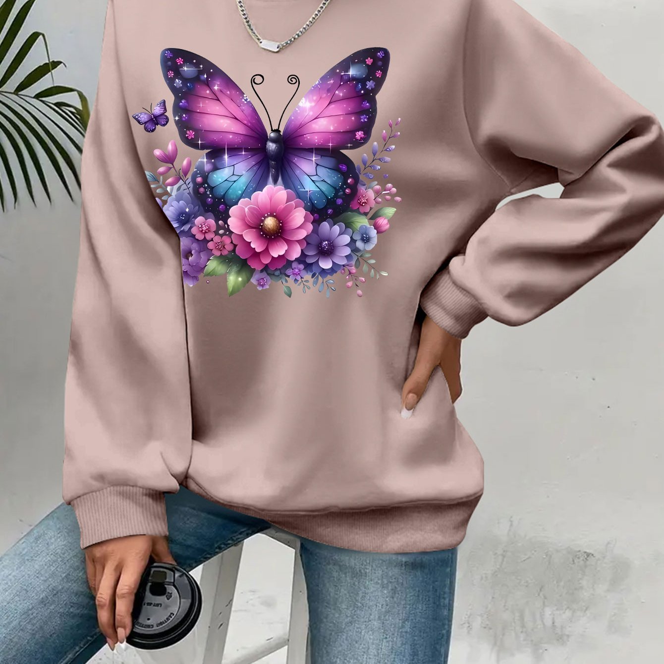 Plus Size Soft Purple‑Blue Butterfly Floral Print Long Sleeve Round Neck Sweatshirt