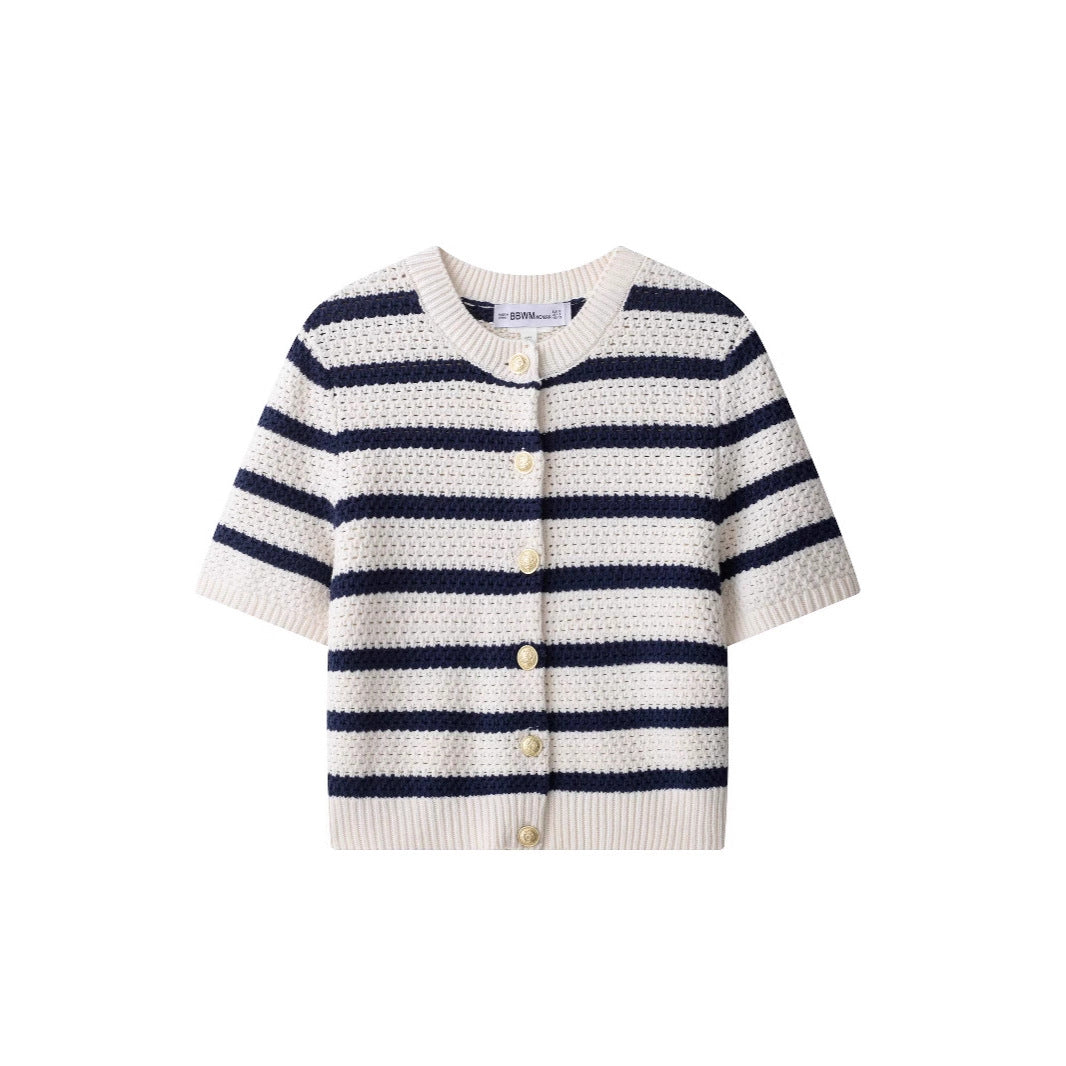 Striped Knit Top with Buttons – Elegant Short‑Sleeve Cardigan
