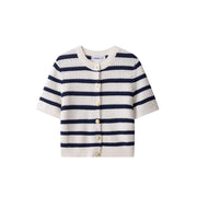 Striped Knit Top with Buttons – Elegant Short‑Sleeve Cardigan